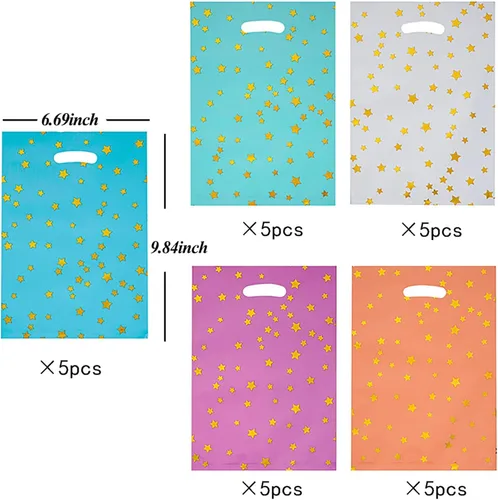 Miniatura 2 de 25 bolsas de recuerdo de fiesta para cumpleaños de niños, bolsas de dulces en 5 colores con patrón de estrella 25 piezas patrón de estrellas 5