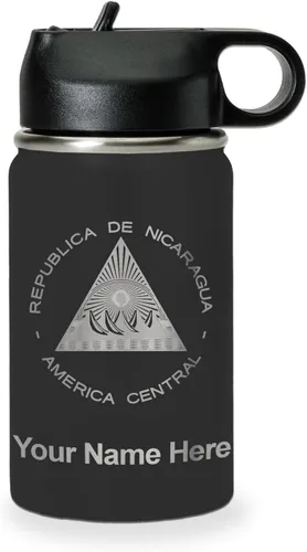 Miniatura 50 de LaserGram Botella de agua personalizada, bandera de Nicaragua, acero inoxidable de doble pared aislada al vacío con popote superior, regalo grabado