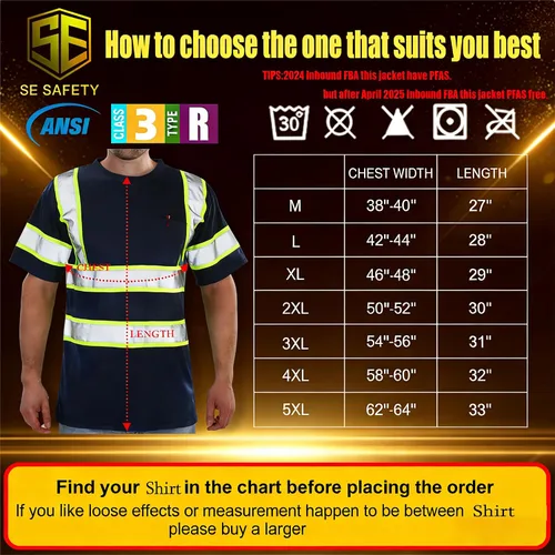 sesafety Camisas de alta visibilidad para hombre clase 3 Hi Vis, camisetas reflectantes de construcción para hombres con bolsillo, camisetas de