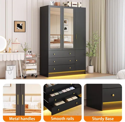 Miniatura 4 de Armario LED de 3 puertas con espejo, armario de madera moderno de 75 pulgadas de alto con 3 cajones, armario de almacenamiento de ropa independiente
