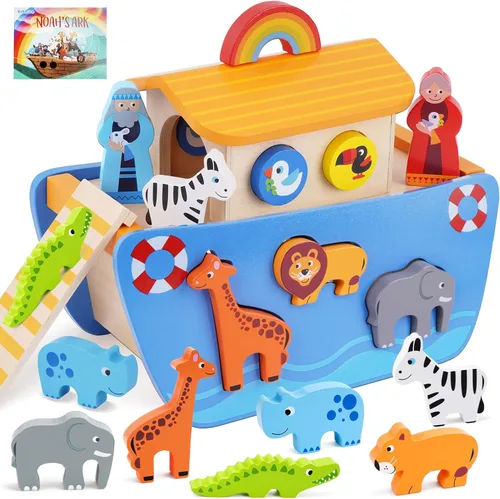 KMTJT Juego de animales de juguete de madera del arca de Noé para niños pequeños, regalos de bautismo para niños de 1, 2, 3, clasificador de formas,
