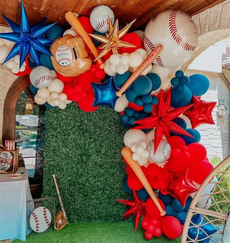 Miniatura 6 de Kit de guirnalda de arco de globos de béisbol, kit de guirnalda de arco de globos rojos, blancos y azules para fiestas deportivas, cumpleaños