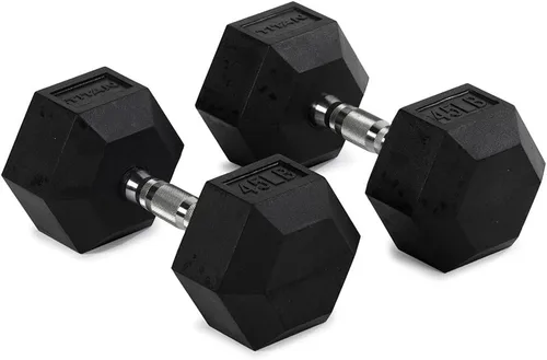 Miniatura 10 de Titan Fitness Pair Rubber Coated Hex Dumbbells, Roll-Resistant Hexagonal Free Weights, Chrome-Coated Handles with Knurling, Strength Training