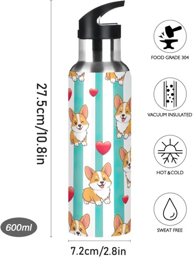 Miniatura 9 de Stainless Steel Water Bottle 20 Oz, BPA-Free Sport Water Bottle Insulated for Gym Outdoor Travel School, Cute Dogs Aqua White