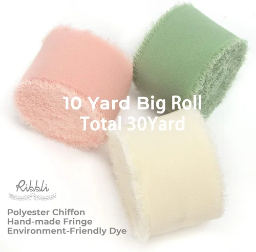 Miniatura 2 de Ribbli - Cinta de gasa de 1.5 pulgadas x 30 yardas de seda hecha a mano, color marfil/rosa suave/verde salvia con flecos, para invitaciones de boda