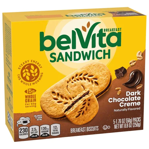 Miniatura 8 de belVita Sándwiches de galletas de barra de desayuno, crema de chocolate negro, 30 paquetes en total, 6 cajas (2 galletas por paquete)