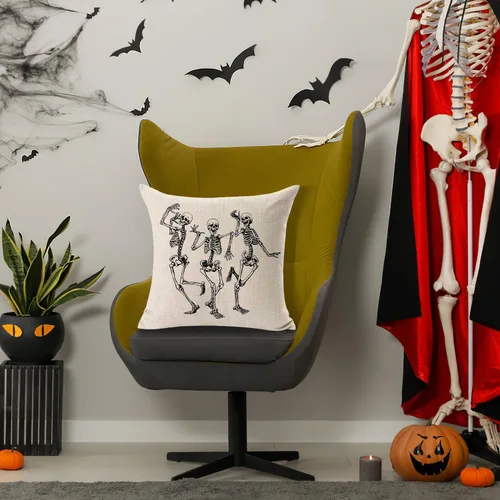Miniatura 5 de Funda de almohada con diseño de calavera de Halloween, decoración del hogar, lino y algodón, funda de cojín de 18 x 18 pulgadas / 45.72 x 45.72 cm.