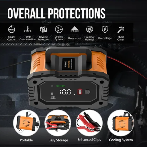 Miniatura 6 de NEXPEAK NC202 Cargador de Batería de 10 Amperios, Cargador de Batería Portátil para Automóvil de 12V 24V LiFePO4 Ácido de Plomo, Cargador por Goteo