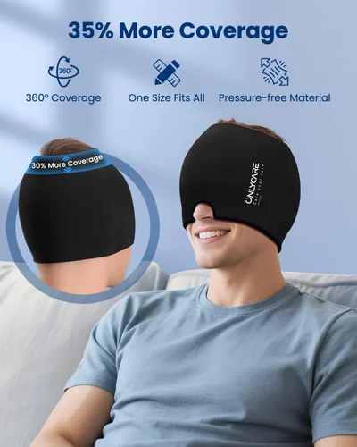 Miniatura 5 de ONLYCARE Gorro de alivio para migraña, máscara calmante para migraña, envoltura de gel de hielo para cabeza sin olor mejorada, terapia de frío
