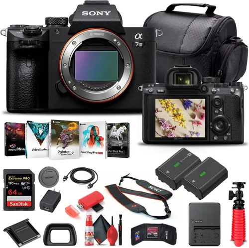 Sony Cámara digital sin espejo Alpha a7 III (solo cuerpo) (ILCE7M3/B) + tarjeta de memoria de 64 GB + batería NP-FZ-100 + software de foto Corel +