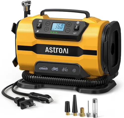 Miniatura 11 de AstroAI Inflador de neumáticos, bomba de compresor de aire portátil de 150 PSI, 12 V CC/110 V CA con motores de metal duales y luz LED, accesorios