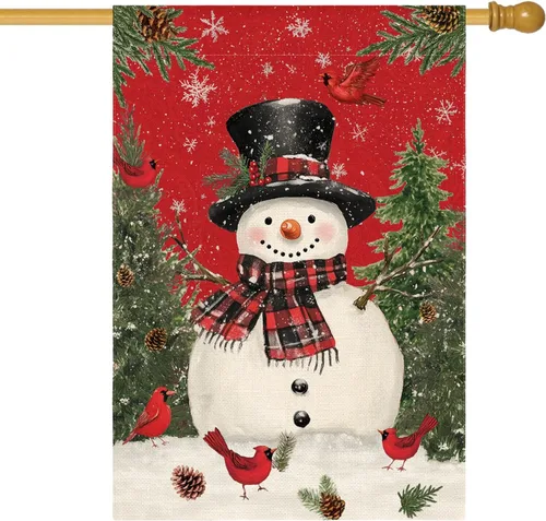Miniatura 12 de AVOIN colorlife Muñeco de nieve azul con bufanda Bandera de jardín de Navidad 12x18 pulgadas de dos vistas, Bandera decorativa de patio de invierno