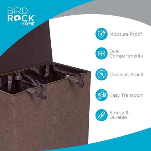 Miniatura 3 de BIRDROCK HOME Cesta de lavandería con tapa, bolsas extraíbles para clasificar ropa, cesta de lavandería seccionada para dormitorio y baño, Marrón