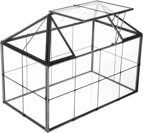 Miniatura 7 de HighFree Maceta geométrica de terrario con tapa giratoria, caja de vidrio negra hecha a mano en forma de casa, terrario miniatura de mesa vintage