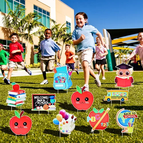 Miniatura 5 de Juego de 10 carteles de regreso a la escuela con estacas, diseños surtidos de manzana, búho y autobús escolar para decoración de jardín y césped al