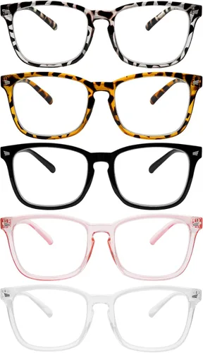 SIGVAN Paquete de 5 Gafas de Lectura con Bloqueo de Luz Azul de Moda Cuadradas para Computadora para Mujeres y Hombres, Anteojos Nerd Anti Rayos UV