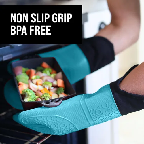 Miniatura 4 de HOMWE - Manopla de horno profesional y extralarga de silicona, guantes con forro acolchado, agarraderas resistentes al calor, guantes flexibles