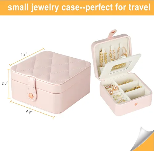 Miniatura 2 de Joyero de viaje con espejo, mini estuche de viaje de piel sintética para mujeres y niñas, pequeño organizador de joyas portátil para anillos
