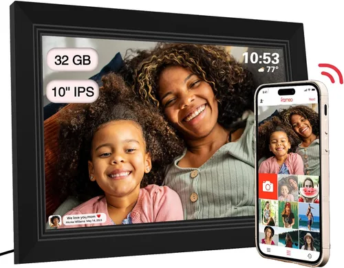 FRAMEO - Marco de fotos digital de 10.1 pulgadas con pantalla táctil IPS de 1080 HD, almacenamiento integrado de 32 GB, montaje en pared, marco