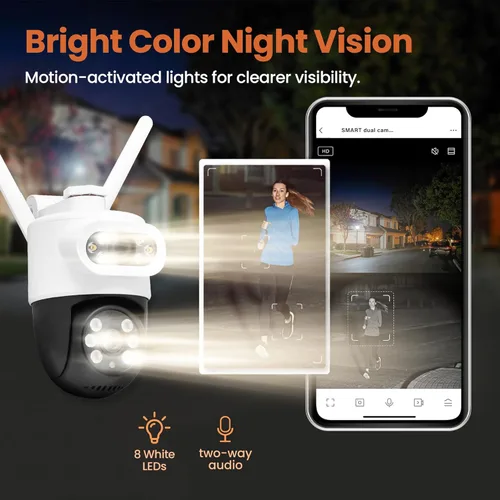 Miniatura 3 de VTA+ Cenefa de cámara de seguridad para exteriores de doble lente 2K, seguimiento de movimiento, rotación de 280°, visión nocturna a color, WiFi