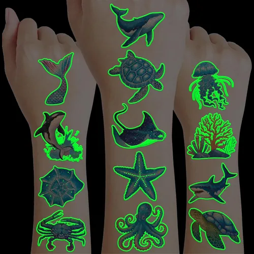 96 piezas de tatuajes temporales luminosos que brillan en la oscuridad, animales marinos del océano precortados para niños, suministros de