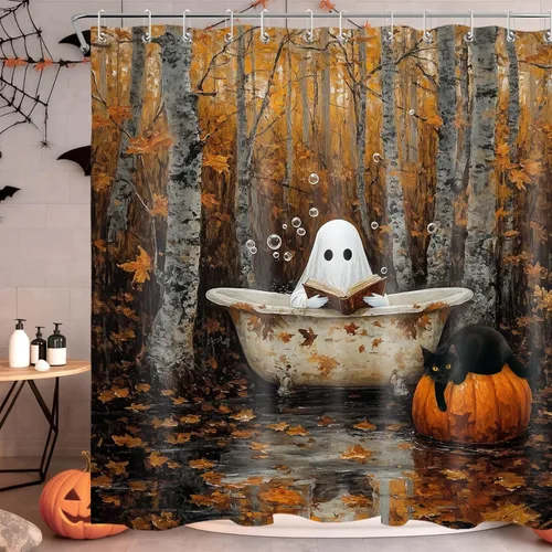 Miniatura 2 de LB Cortina de ducha de otoño para baño, divertido gato negro con fantasma en la bañera en el bosque de otoño, cortina de ducha de tela de cosecha
