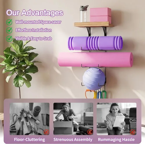Miniatura 5 de Bikoney Soporte para Esterilla de Yoga Montaje en Pared Almacenamiento de Esterilla de Yoga Accesorios de Gimnasio en Casa con Estantes Flotantes