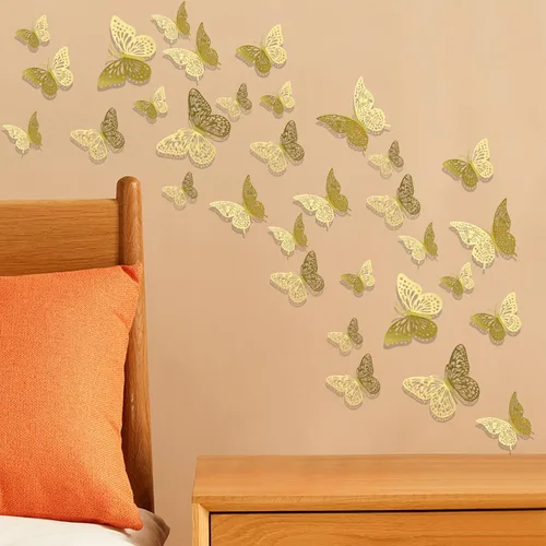 Miniatura 2 de Decoraciones de mariposas, decoración de pared de mariposas doradas 3D, decoración de pastel de cumpleaños, 24 piezas, 3 estilos y tamaños, Oro 3