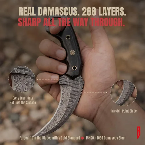Miniatura 5 de BIGCAT ROAR Desert Fox - Cuchillo karambit de acero de Damasco hecho a mano de 7.5 pulgadas - Hoja fija curvada de espiga completa - Mango de madera