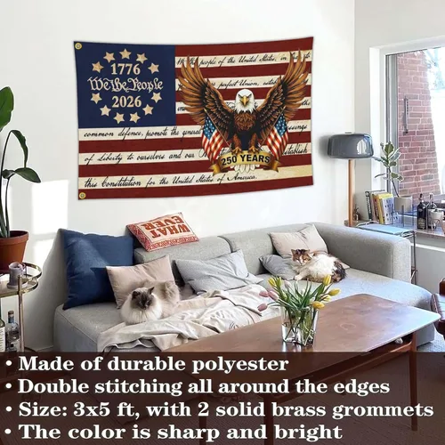 Miniatura 7 de Bandera de 3 capas para aniversario estadounidense de 250 años, decoración de mercancía, 250 aniversario, bandera patriótica de Estados Unidos