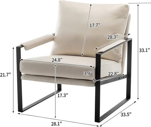 Miniatura 3 de UNICOO Silla decorativa moderna de piel sintética, sillón tapizado con marco de metal, cojín de asiento grueso y almohada trasera de gran