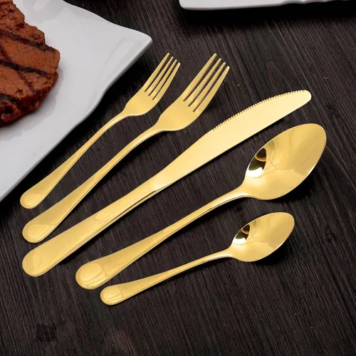 Miniatura 7 de Juego de cubiertos de acero inoxidable, juego de vajilla de 20 piezas, elegante cuchillo, tenedor, cuchara, cubiertos, servicio para 4 (dorado)
