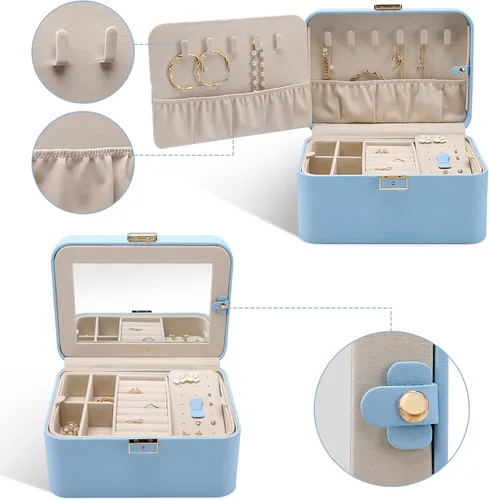 Miniatura 3 de KAMIER Organizador de aretes, organizador de joyas portátil de piel sintética de 2 capas, gran capacidad, doble cerradura y espejo grande, ganchos