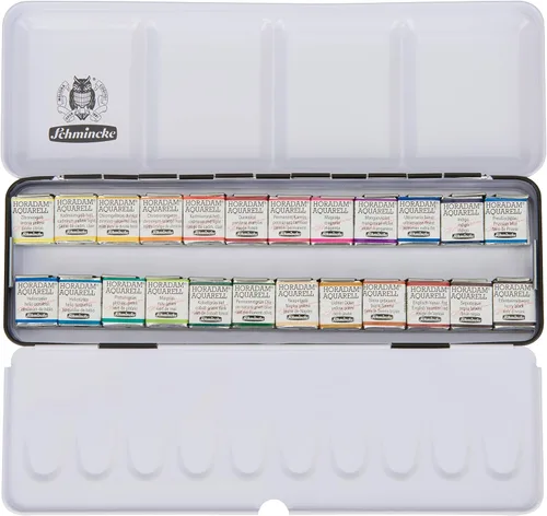 Schmincke - HORADAM AQUARELL Caja de color con 24 acuarelas de la más alta calidad, 74424097, Caja de metal negro, Set de pintura, acuarelas