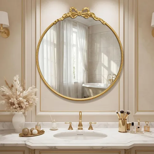 Besdomus Espejo Redondo Dorado con Lazo: Espejo de Baño Moderno de 27" - Espejos de Tocador Ornamentados Tradicionales Barrocos para