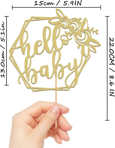 Miniatura 3 de MYAMPED Hello Baby Cake Topper - Dorado, 1 unidad, 8.6 x 5.9 pulgadas, no comestible, Baby Shower