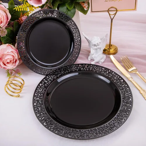 Miniatura 3 de U-QE 150 platos de plástico negro con cubiertos de plástico dorado, platos negros desechables para fiestas, incluyen 30 platos llanos de 10.25
