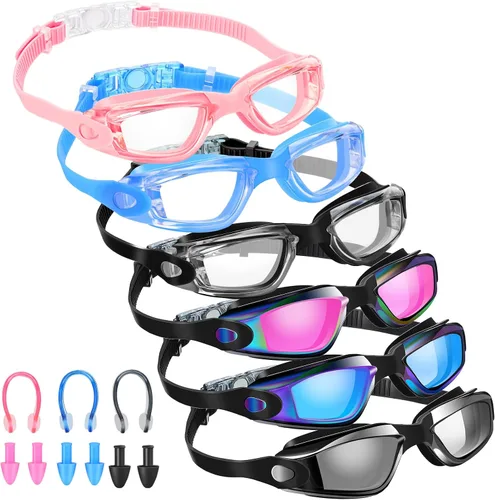 Flutesan Paquete de 6 gafas de natación para adultos, antiniebla, con tapones para los oídos, clip para la nariz, sin fugas, protección completa