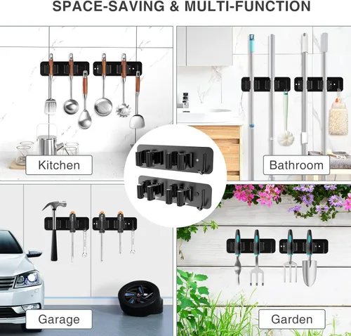 Miniatura 6 de homeasy - Soporte de pared para escoba y fregona, organizador con ganchos de acero inoxidable resistente Pack de 2, instalación sin taladro ni