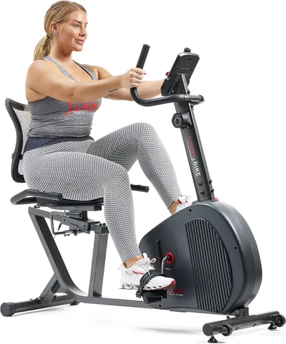 Sunny Health & Fitness Bicicleta estática reclinada inteligente, asiento con cojín ajustable y respaldo de malla para entrenamiento en casa,
