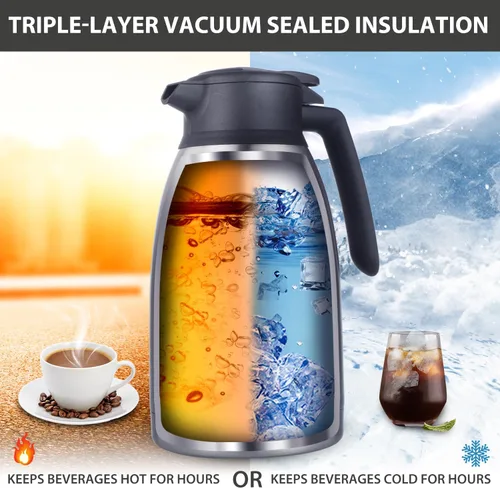 Miniatura 6 de Heritage66 Jarra térmica de café de 2L con cepillo de limpieza, servidor de acero inoxidable aislado al vacío de triple pared, mantiene las bebidas