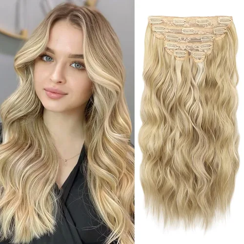Miniatura 29 de WECAN Extensión de cabello con clip, de 20 pulgadas, mezcla de rubio ceniza y rubio decolorado, 6 piezas, extensiones de cabello largo ondulado