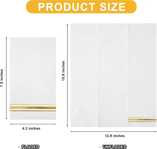 Miniatura 2 de 200 servilletas de papel forradas con borde dorado, elegantes servilletas de cena de 3 capas de papel blanco y dorado, toallas de mano desechables