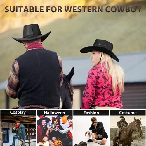 Miniatura 10 de Mens Faux Felt Western Cowboy Hat Fedora Outdoor Wide Brim Cowgirl Hat with Strap