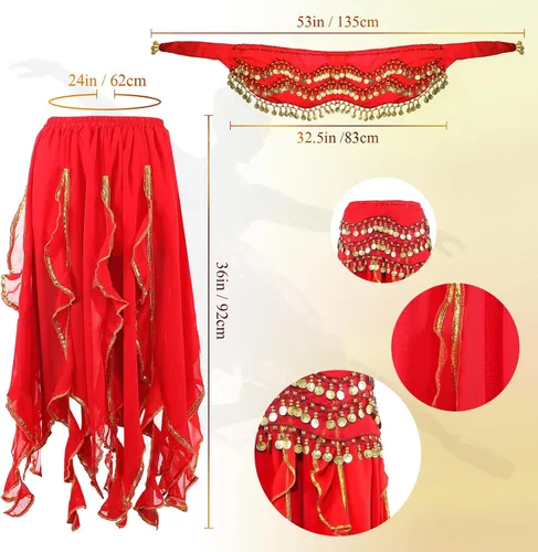 Miniatura 17 de Haysandy Conjunto de 8 piezas de danza del vientre para mujer, falda de danza del vientre, bufanda de cadera, 2 pulseras, aretes, pulsera de tobillo