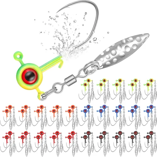 Miniatura 8 de Skylety Crappie - Juego de cabezas de plantilla de pesca Underspin, señuelo de gancho con bola de ojo y hoja giratoria, plantillas de cabeza de 1/16