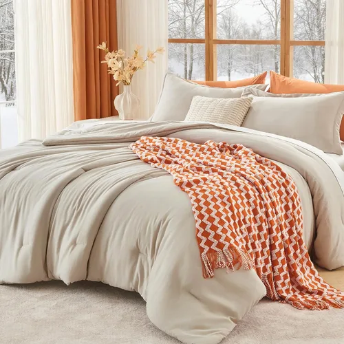 Miniatura 25 de MUXHOMO Juego de edredón beige tamaño individual/individual XL, ropa de cama alternativa ultrasuave para todas las estaciones. El juego de cama