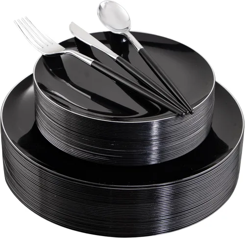 Miniatura 12 de DaYammi Juego de 150 platos de plástico dorado con cubiertos desechables, juego de vajilla desechable de oro blanco, 30 platos llanos, 30 platos