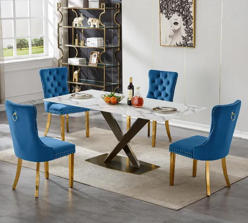 Juego de mesa de comedor de mármol blanco de lujo para 4, 70 pulgadas, mesa de comedor de mármol blanco con 4 sillas de terciopelo azul y base de
