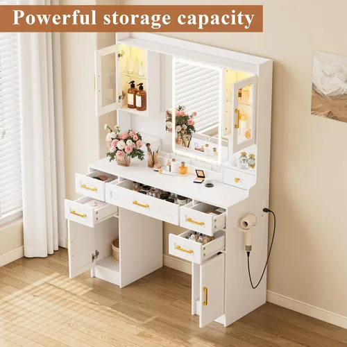 Miniatura 5 de Tocador blanco con espejo y luces LED, juego grande de mesa de maquillaje con 2 gabinetes de exhibición, 6 cajones y 2 gabinetes de almacenamiento